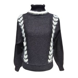 Personal Vintage Black Turtleneck Sweater Angora Blend Fuzzy Leaf Trim‎ Womens M